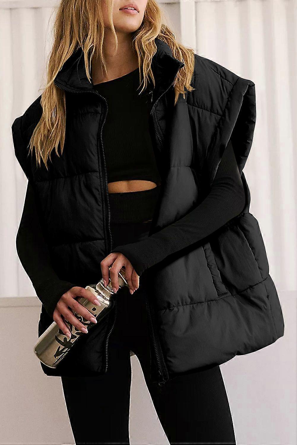 Damen Schwarze Solid Zipper Stand Neck Oversized Puffer Weste