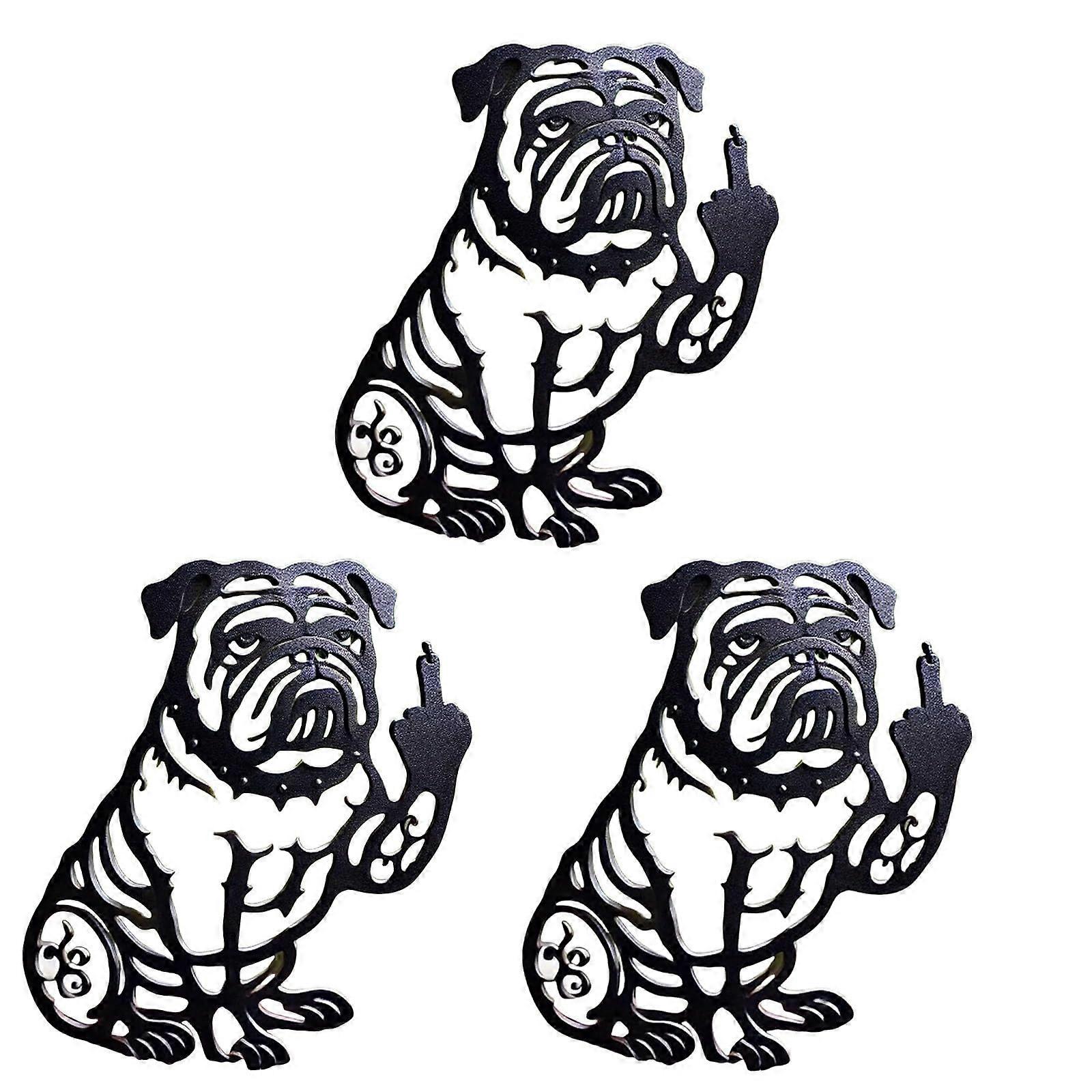 Funny Bulldog Metal Garden Decor, French Finger Middle Black Dog Silhouette Stakes (3pcs)