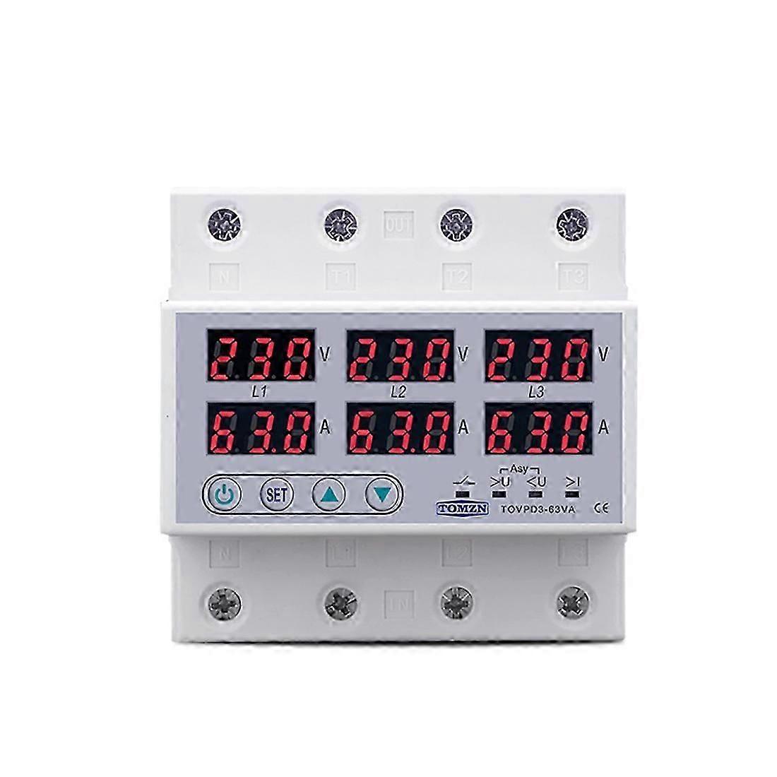 TOMZN Din Ray 3-Fas SpNningsrel 3P + N Voltmetre Ampermetre ver och UnderspNning Monitör RelEr Skydd 63A 230V med N