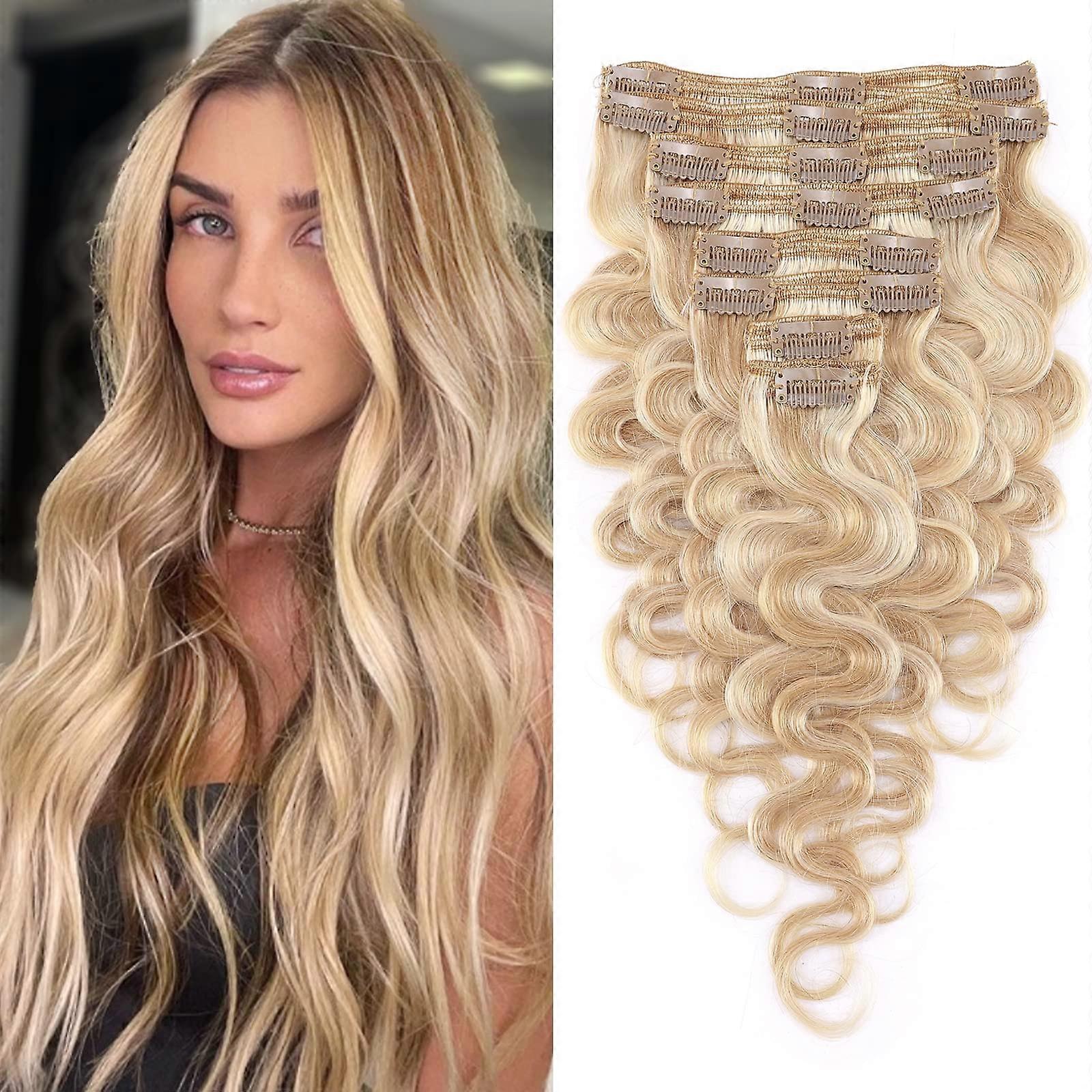 Golvende clip in Hair Extensions echt menselijk haar 18 inch asblond 18/613