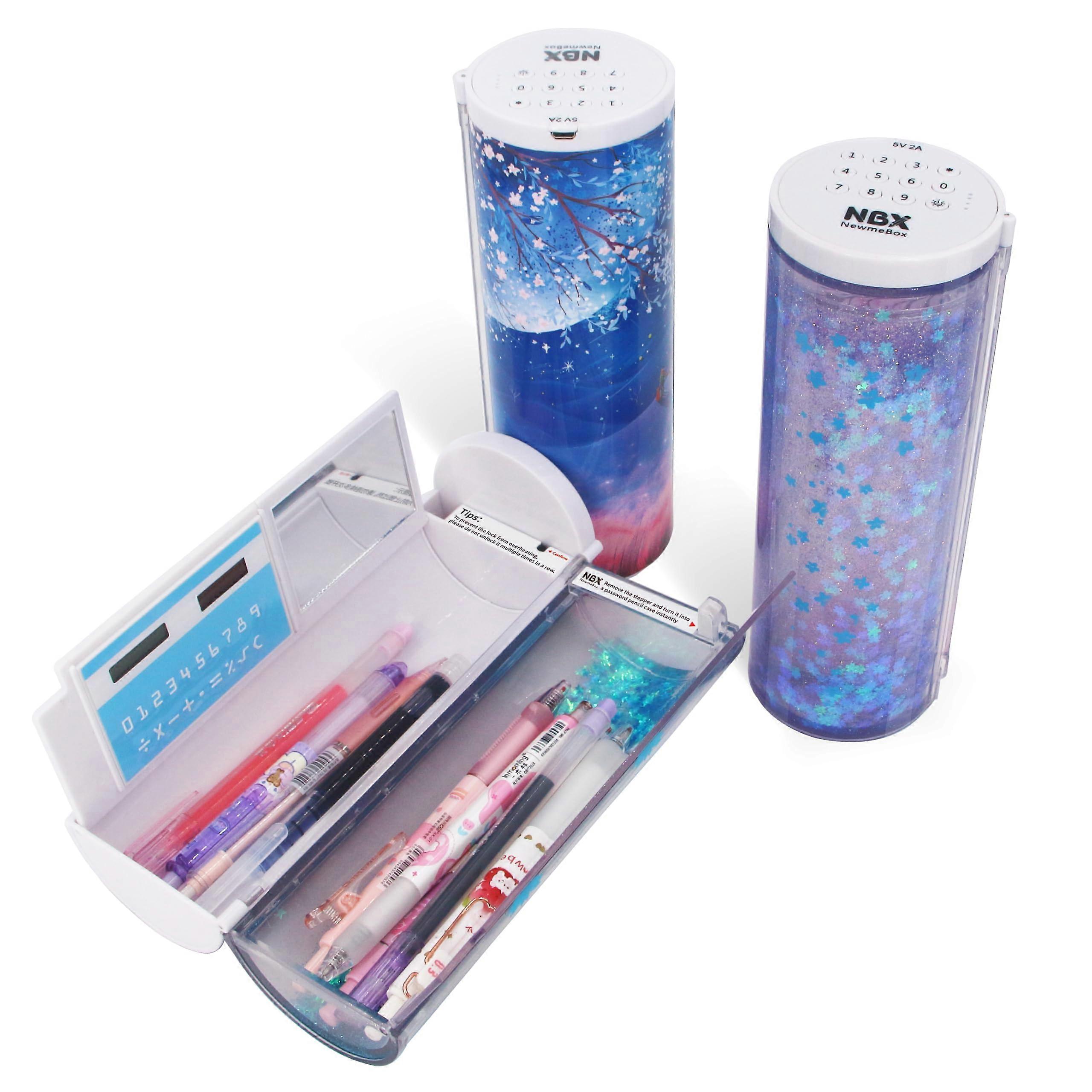Multifunctional Pencil Case Box With Lock And Built-In Calculator Quicksand Mirror Purple Sakura Night