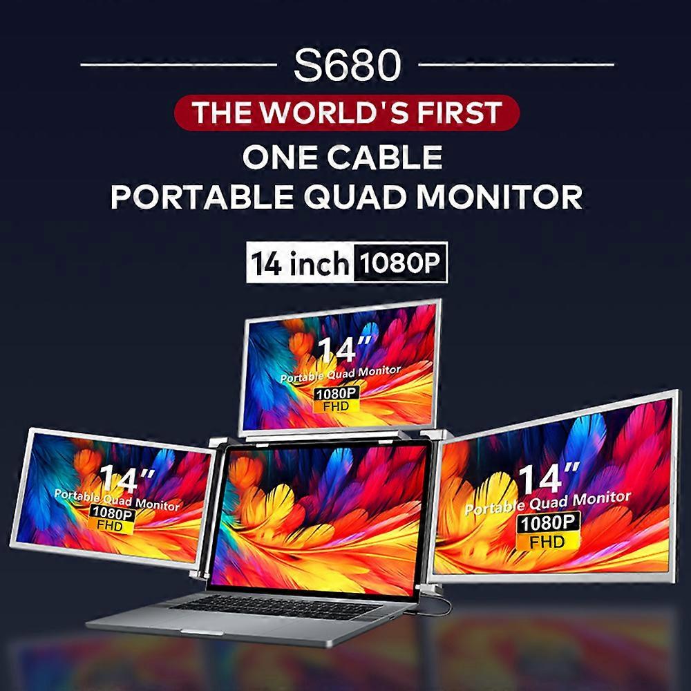 14英寸笔记本电脑扩展屏幕1080P FHD便携式四屏显示器 可折叠和旋转设计 驱动程序快速安装，只需1根线缆即可安装3个显示器