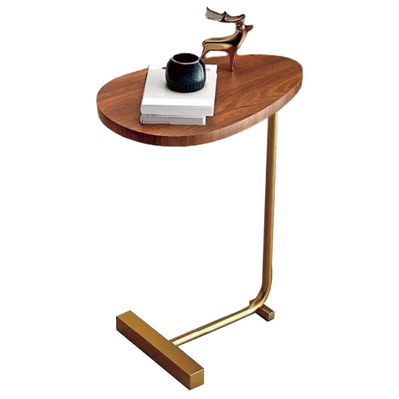 Modern Small Side Table Dark Wood Grain C Shaped End Table Space Saving Flat Design with Gold Frame for Living Room Sofa Hotel