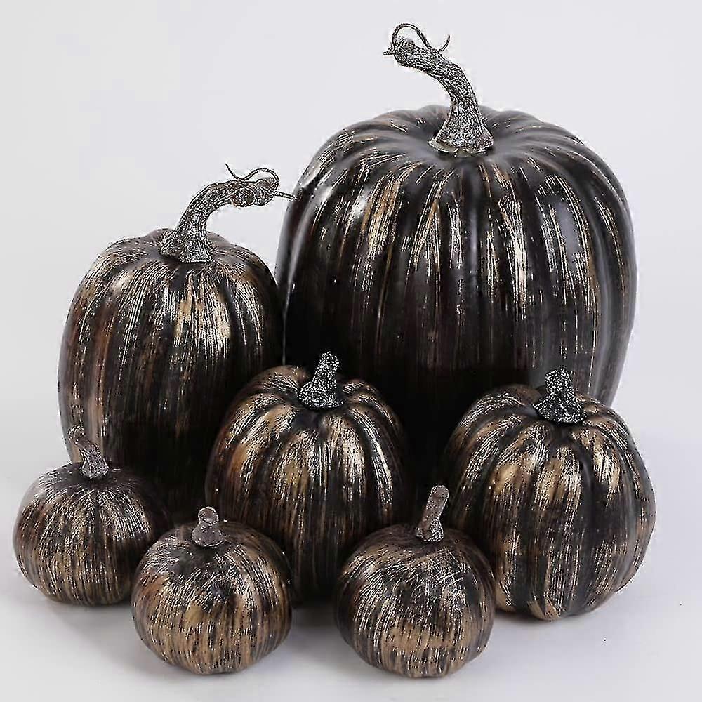 7 Pcs Artificial Pumpkins,black And Gold Foam Pumpkins For Autumn ,halloween,festival Decorations(black And Gold )
