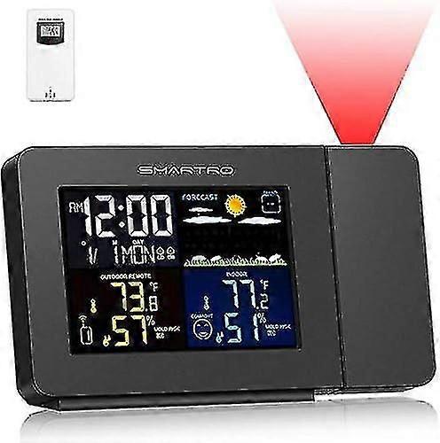 Sc91 Projection Alarm Clock For Bedrooms With Weather Station, Wireless Indoor Outdoor Thermometer, Temperature Humidity Monitor Gauge Hygrometer
