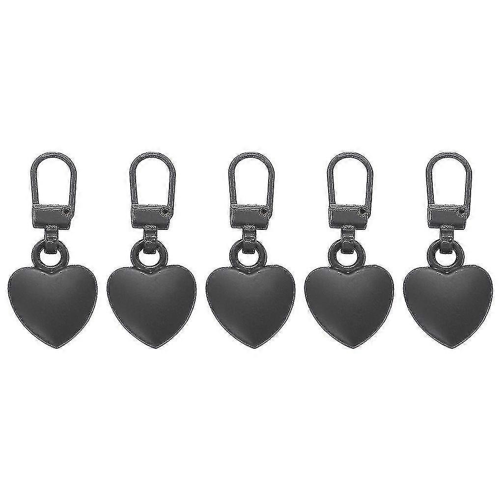 5pcs Love-Shaped Black Metal Zipper Pull Replacement Repair Tab