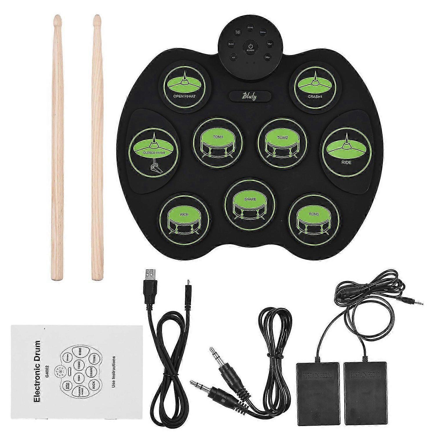Btuty Electronic Drum Set Digital Roll-Up Touch Sensitive Practice Drum Kit 9 Drum Pads 2 Foot Pedals for Kids Children Beginners (No Speakers)