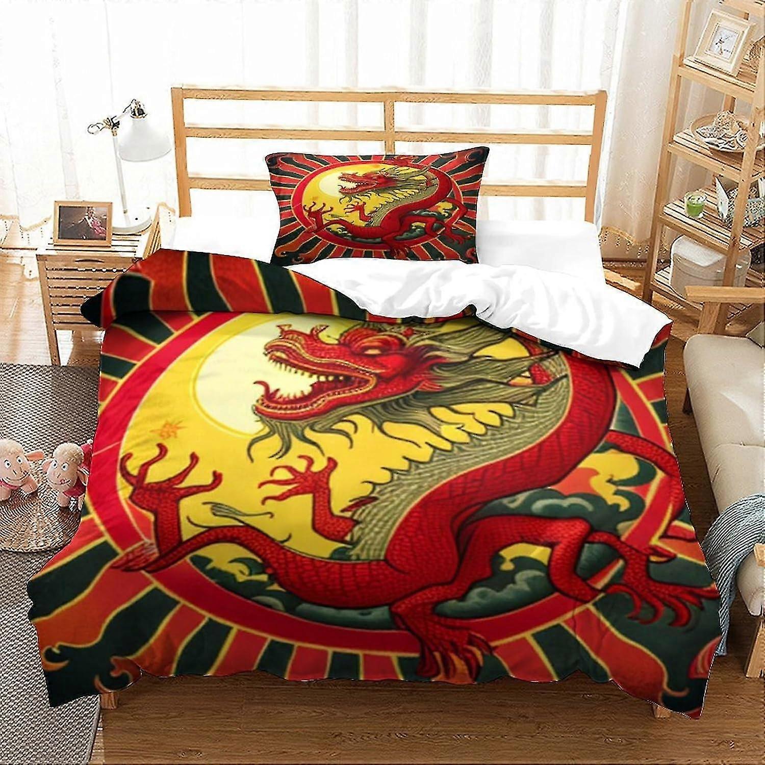 3D Print Bedding Set with Chinese Dragon Design, Duvet Cover Set for Boys, Wyvern Room Decor for Teens