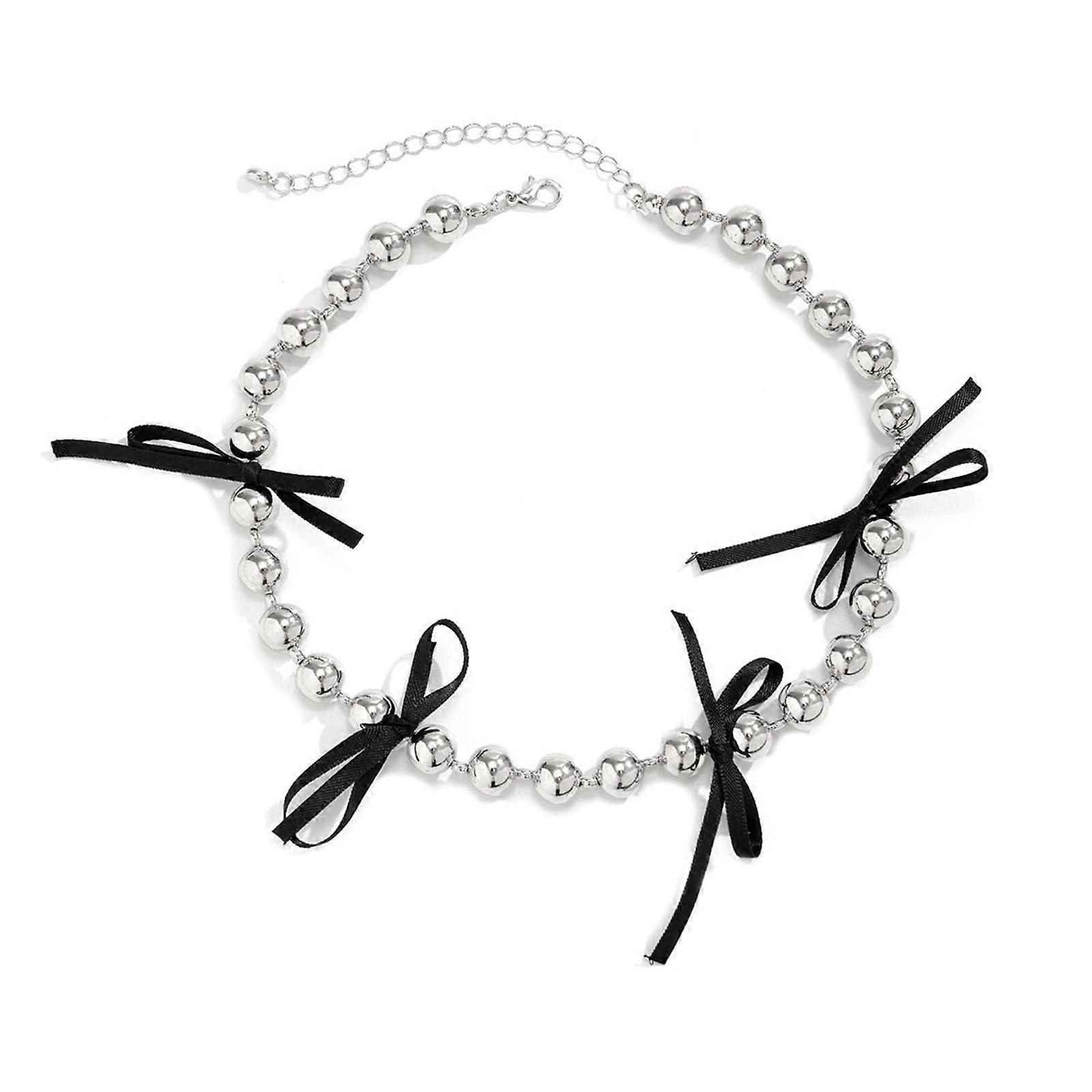 Stylish Round Pearl Necklace, Elegant Steel Bead Choker with Intricate Bow Design, Perfect for Clavicle Style