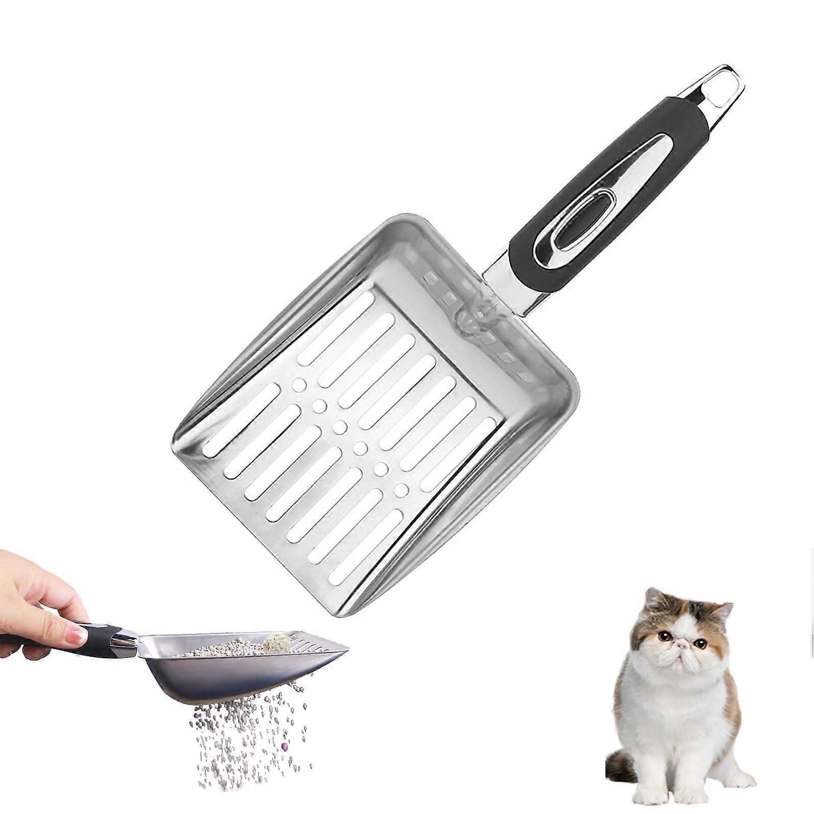 Stainless Steel Cat Litter Scoop with Rubber Handle, QuickSifting Metal Scoop