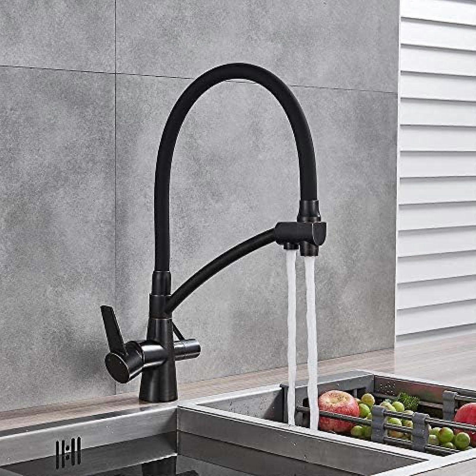 Flexible Rotating Kitchen Faucet with Dual Spouts and Dual Handles for Hot, Cold, and Pure Water Mixing