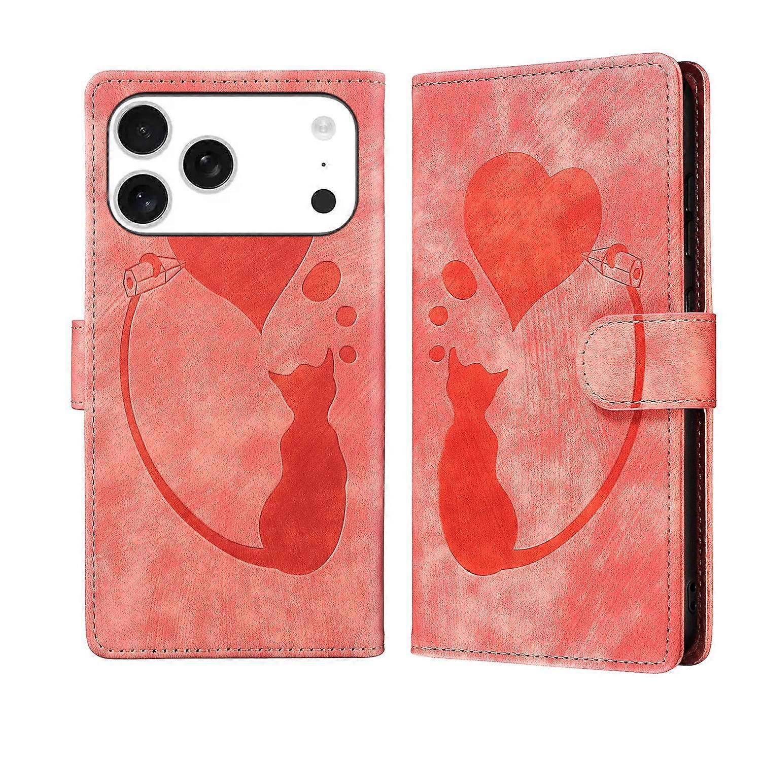Pen Heart Cat Embossed Leather Phone Case