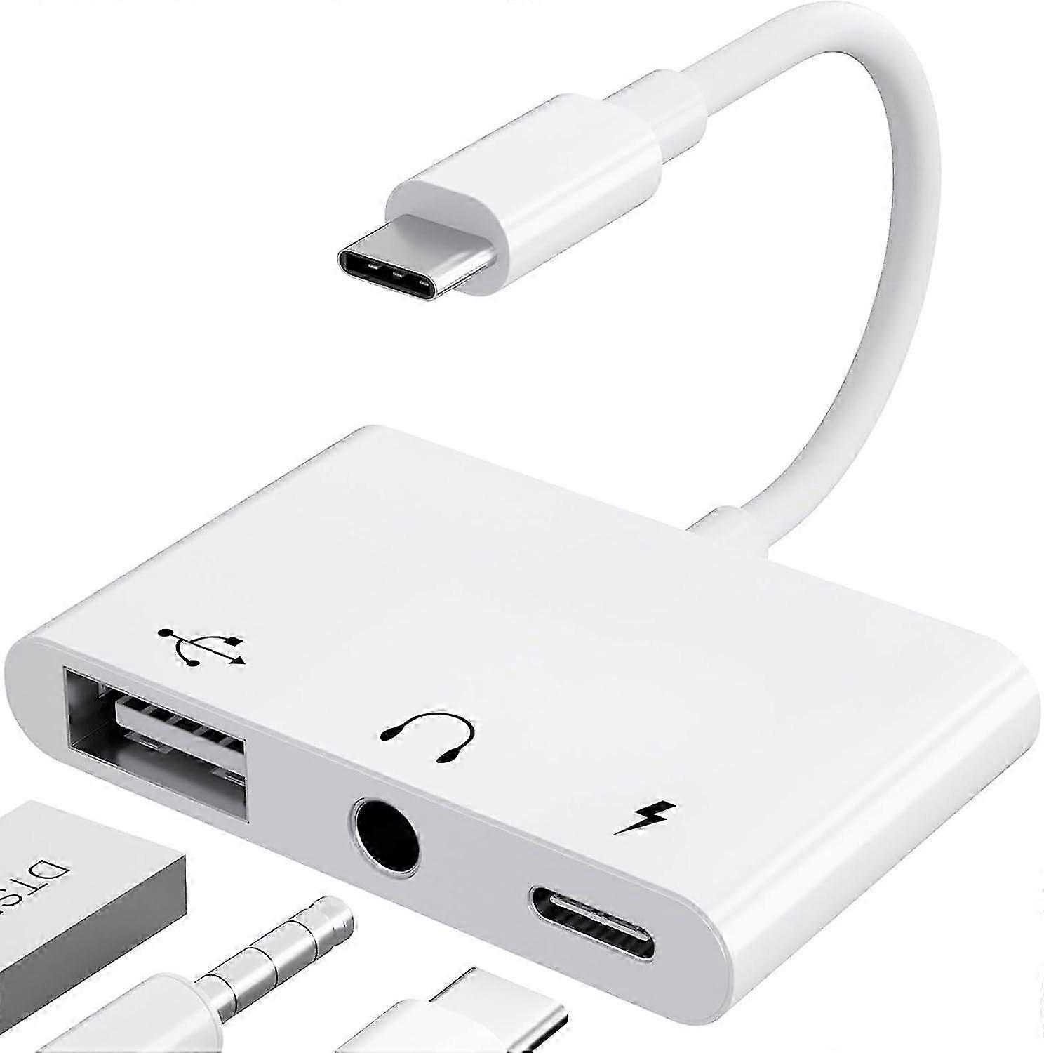 USB C Adapter 3.5mm Jack with Fast Charging OTG Adapter, Type C to Aux Splitter Headphones Audio (White)