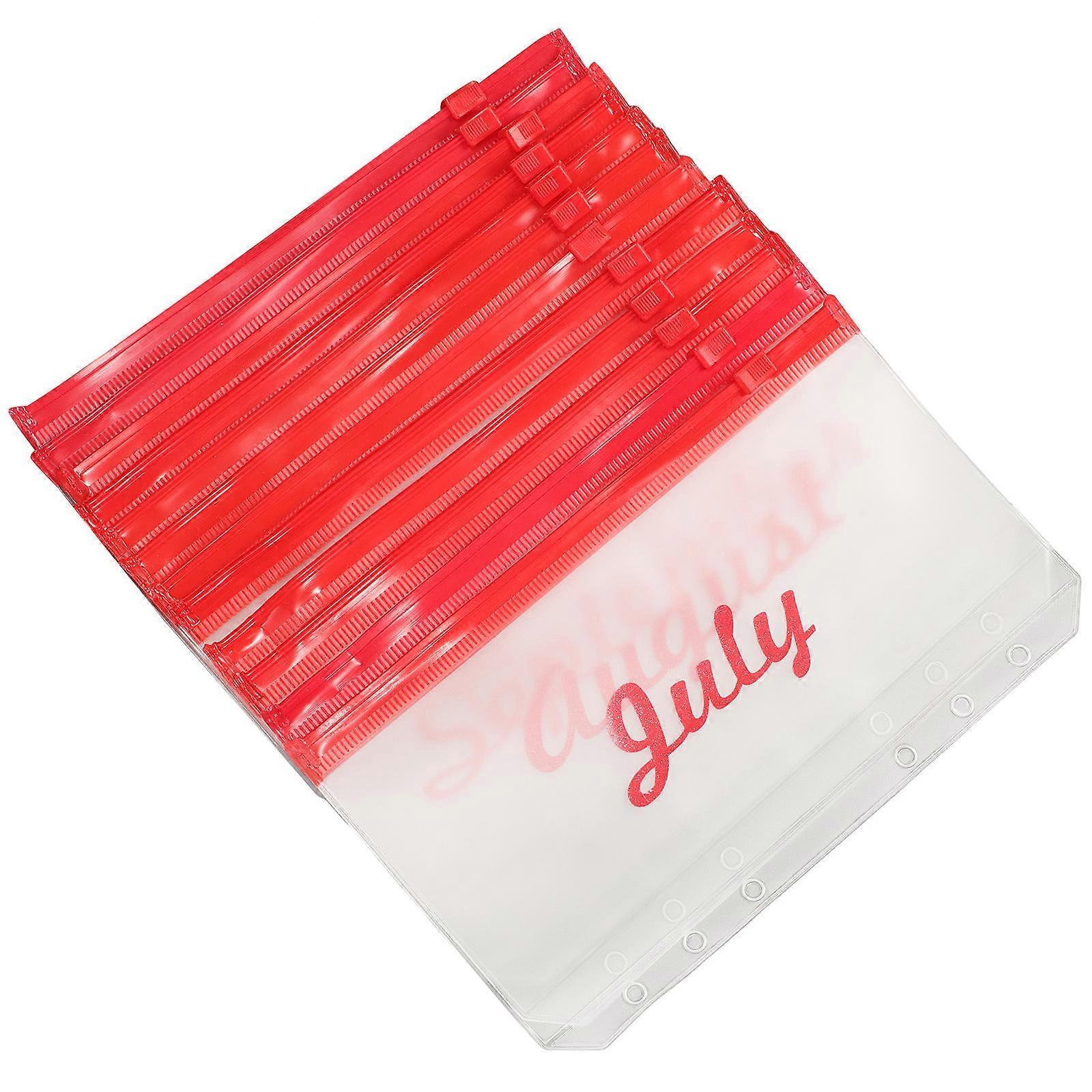 12Pcs Binder Cash Envelopes Document Filing Bags Red Pvc 6-Hole Design File Storage For Monthly Planning and Work