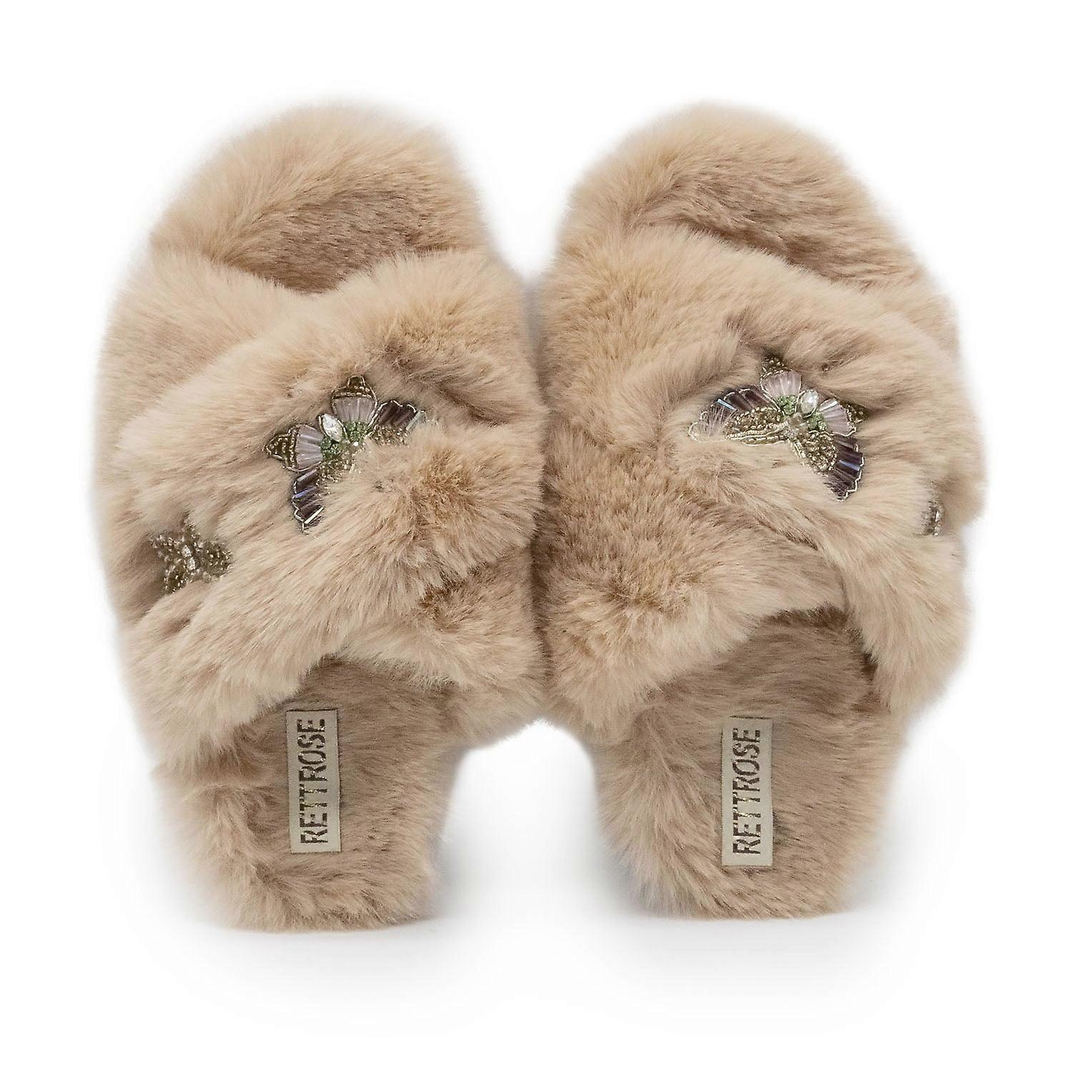 The sadie mink luxury handmade women’s slippers – beige faux fur front-to-toe, diamanté butterfly, comfortable rubber sole