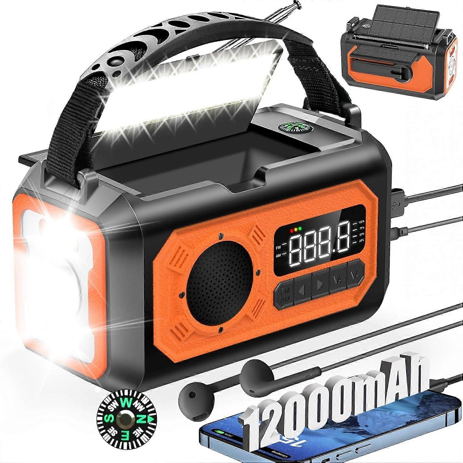 12000Mah Hand Crank Radio With Solar Charging Function, Emergency Am/Fm Hand Crank,Flashlight,