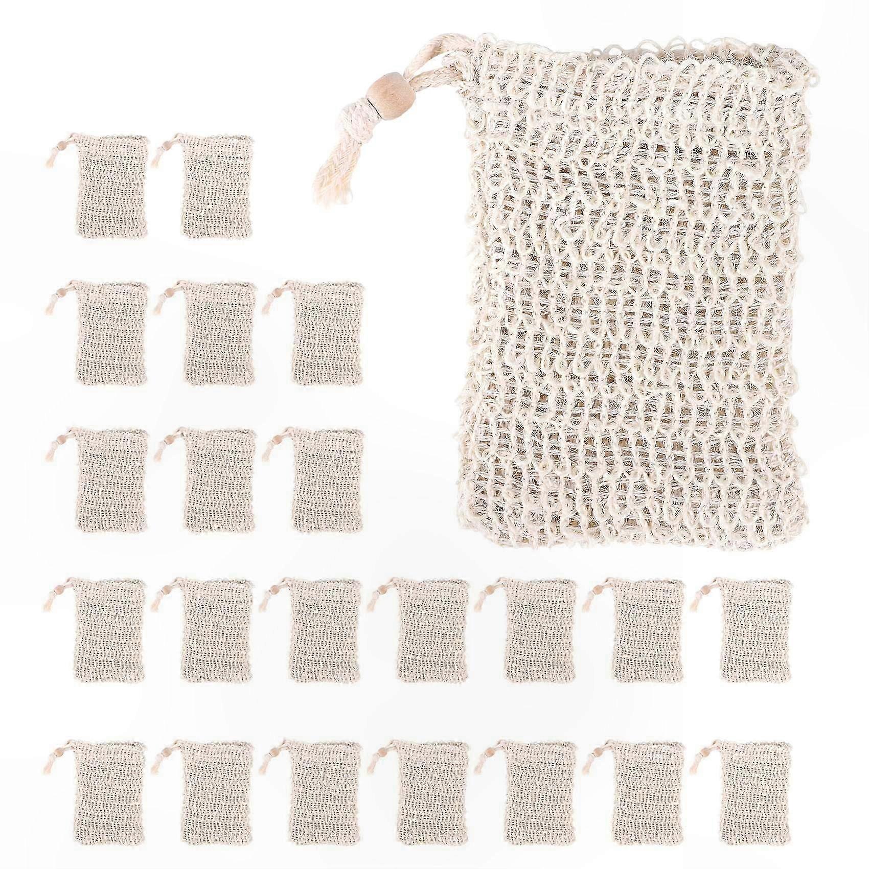 Natural Sisal Mesh Soap Bags, 20-Pack Exfoliating Drawstring Pouches for Bar Soap Storage