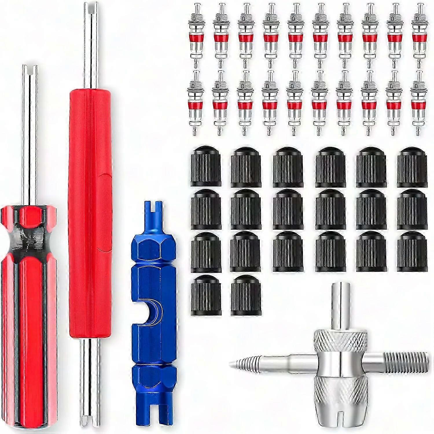 Tire Valve Stem Removal Tool Kit - 44pcs Spool Installer, Four-Way Valve Tool for All Tire Types