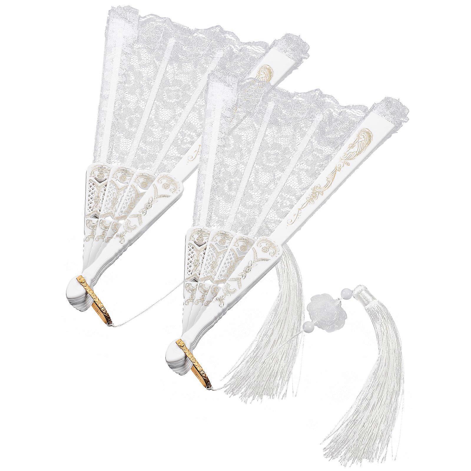 Lace Folding Fans Hand Fan for Women White Material Cooling Function 2Pack