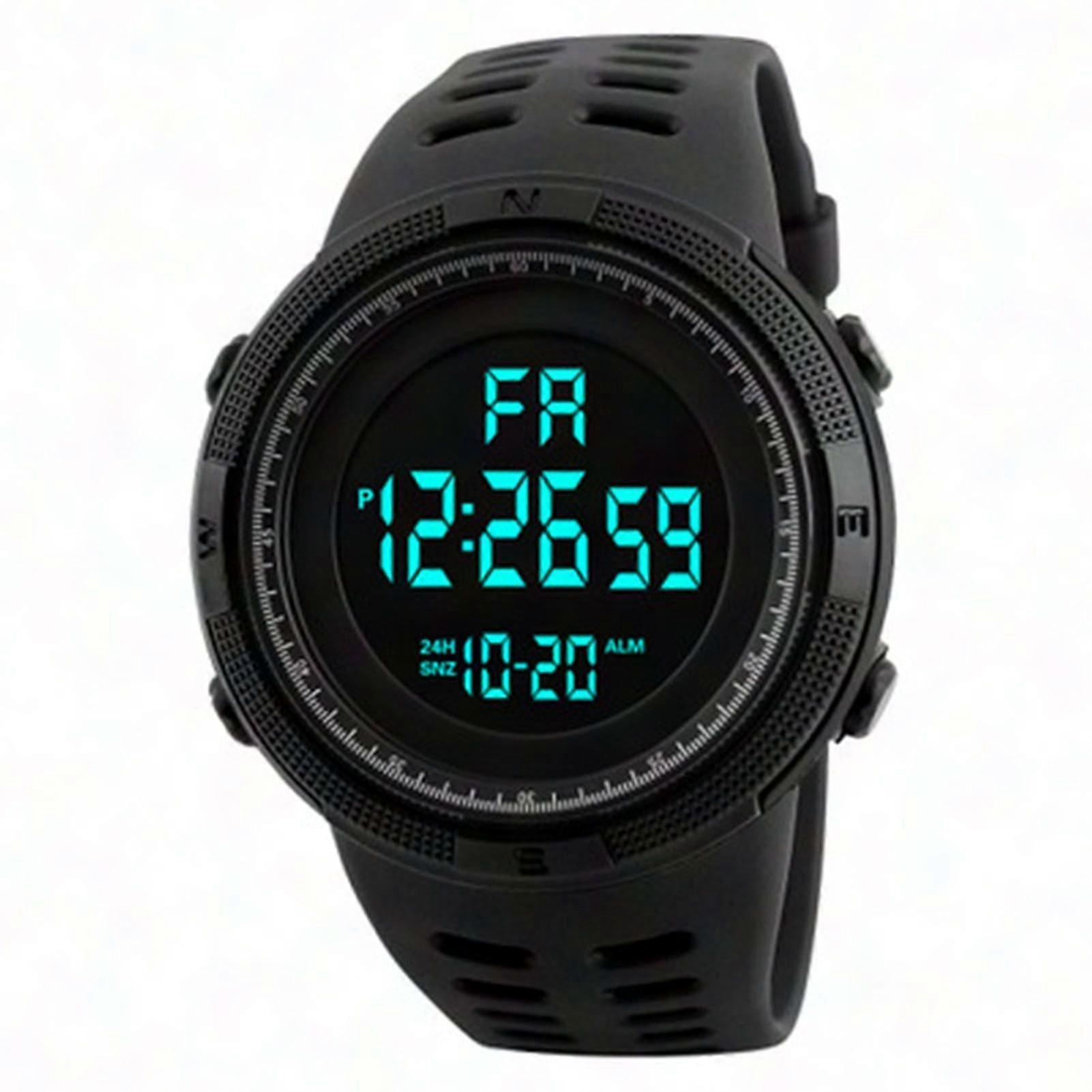Waterproof LED Digital Watch with Large Screen, Date & Day Display, 12/24H Time, Adjustable Strap