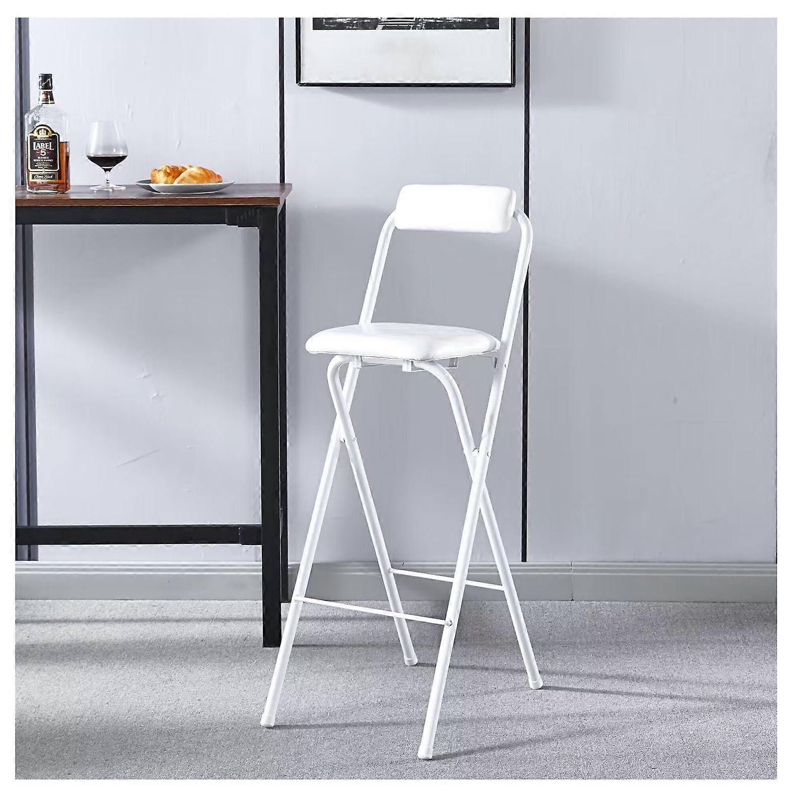 Portable Folding Bar Stool with Backrest 70cm Height Cushioned Seat White