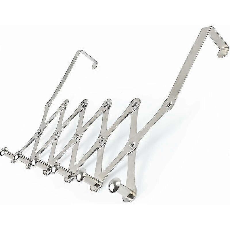 Telescopic Door Hook, With 6 Silver Stainless Steel Hooks, Coat Rack Door Without Drilling, Maximum Telescopic Length 12-56cm, Suitable for Bedroom, K