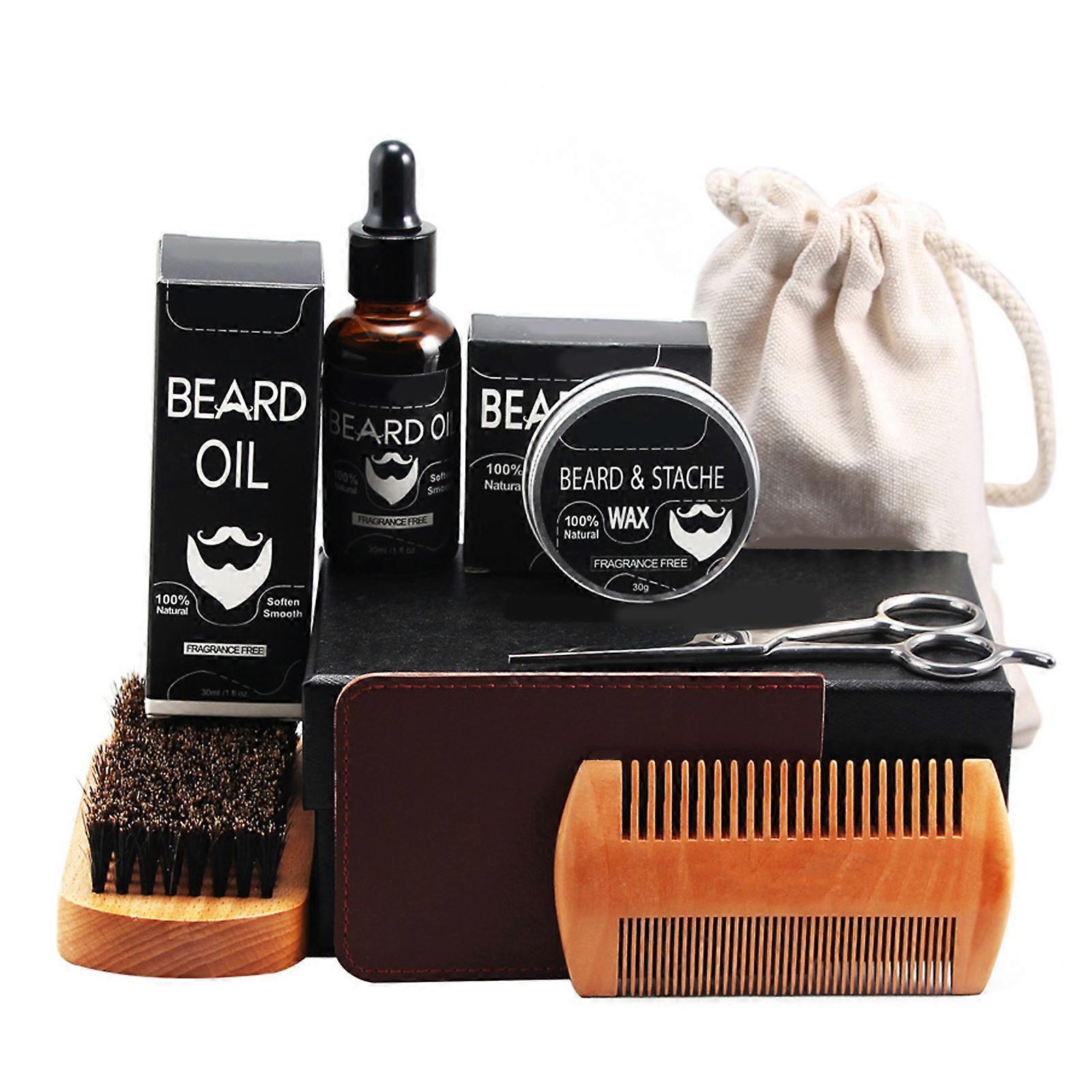 7 in 1 Beard Grooming Care Kit Beard Growth Kit for Man with Beard Oil Beard Balm Beard Comb Beard Brush Scissor Storage Bag