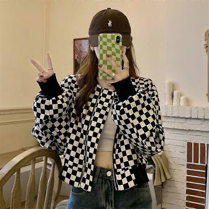 Fall Short Coat With Feminine Schoolgirl Retro Checkered Print, Unique Baseball Tee With Long Sleeves