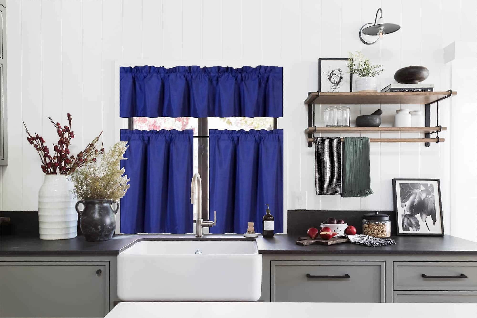 3PC Set Royal Color Kitchen Window Dressing Lined Blackout Curtain Panel 2 Tier +1 Valance K-3