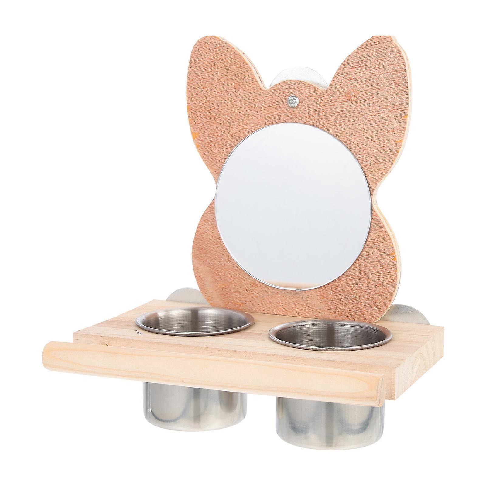 Wooden Bird Bowl And Mirror Set For Pet Parrots Ideal For Resting And Feeding 16X13X15.5CM Two Multi Colored Units