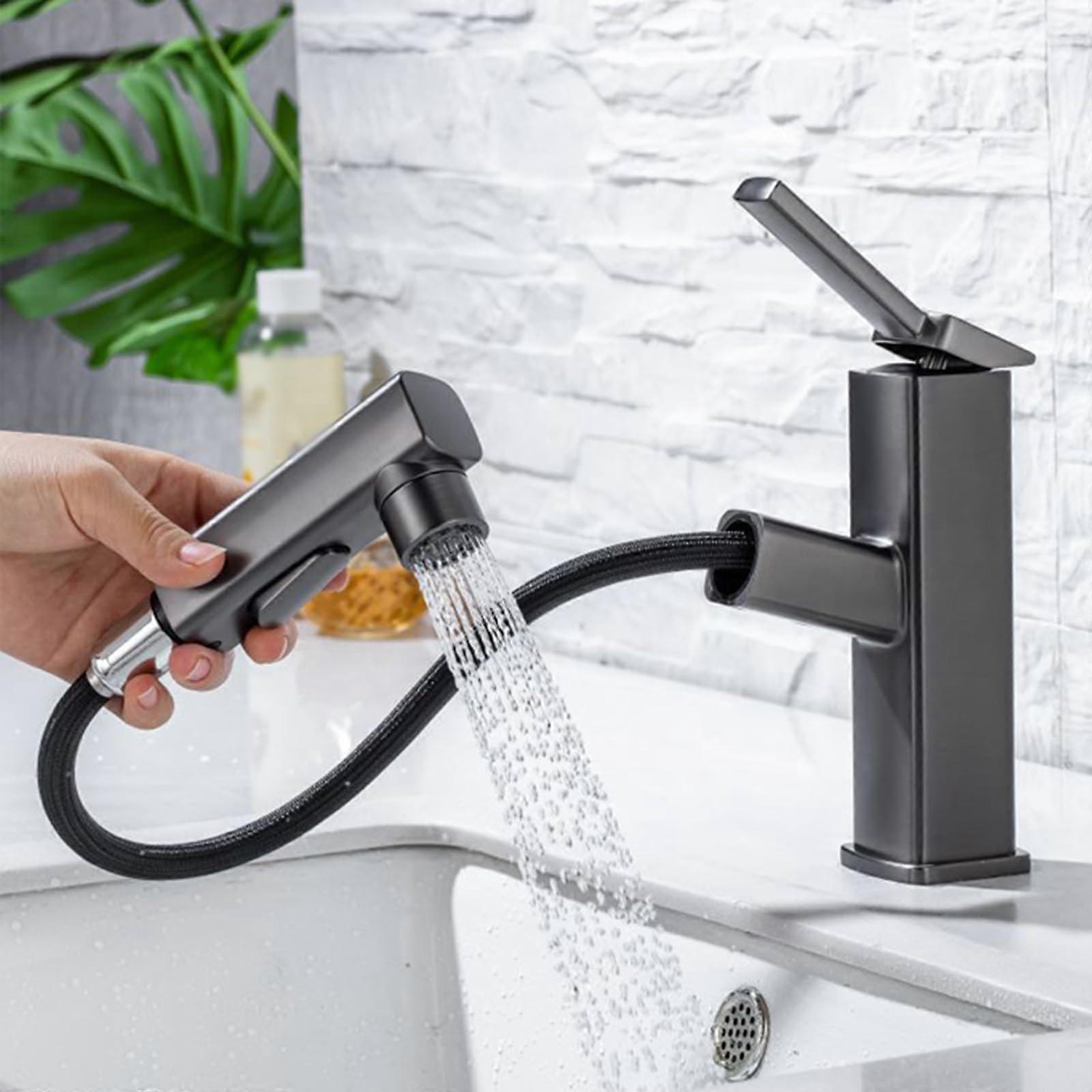 Bathroom Basin Pull Out Tap 3 Mode Hot And Cold Single Handle Single Hole Grey Finish