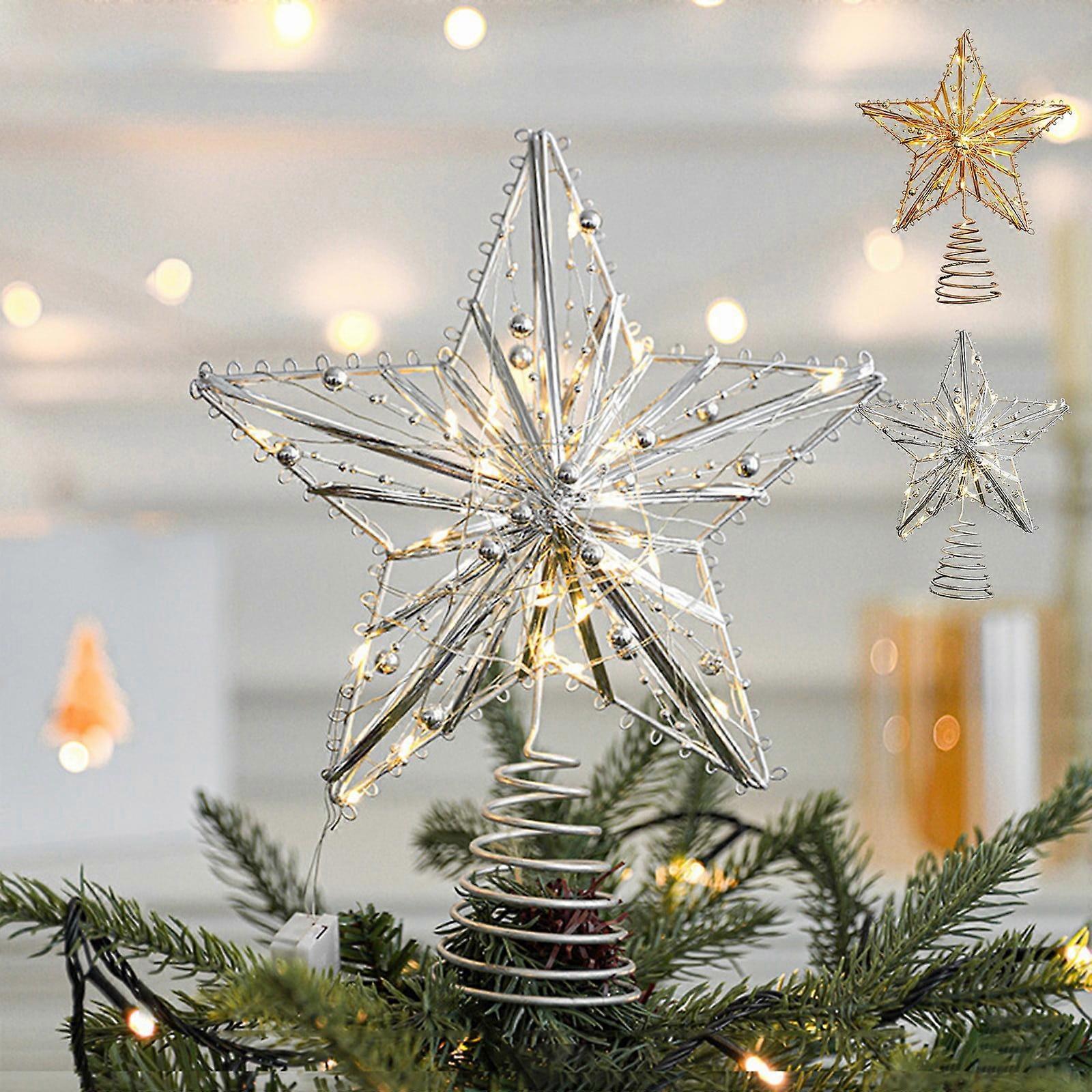 2 PCS Glitter 3D Star Tree Topper with LED Lights, Plug-in or Battery Operated, Lighted Xmas Star for Holiday Decor