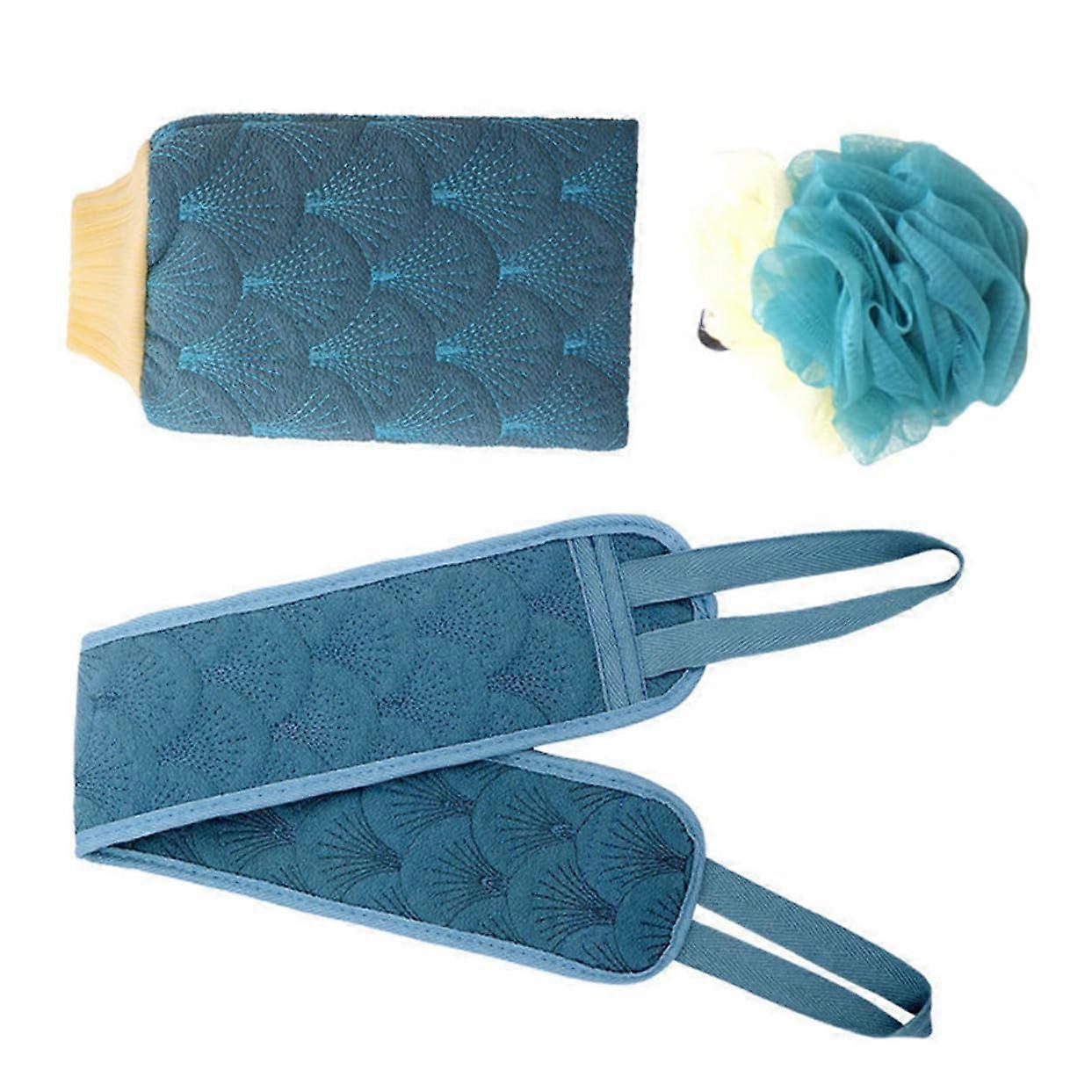 Bath Towel 3Pc Set With DoubleSided Exfoliating Shower Strap Back Rub Towel Portable Bathing Gloves Blue