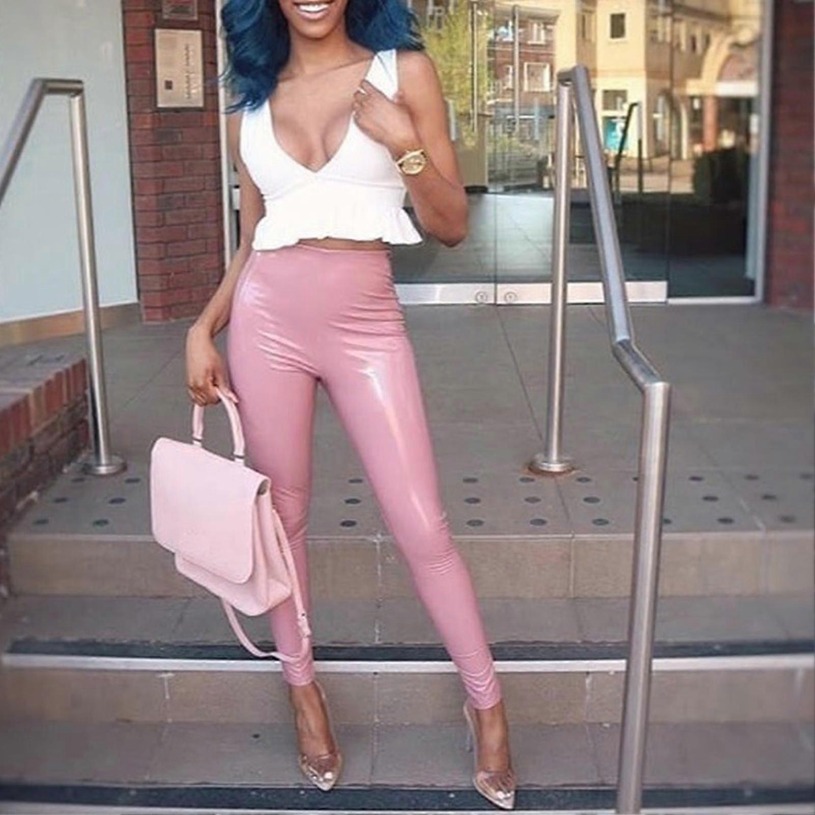 طماق جلدية عالية الخصر صلبة لون مشرق طول الكاحل بو طماق لفصل الخريف ربيع شتاء