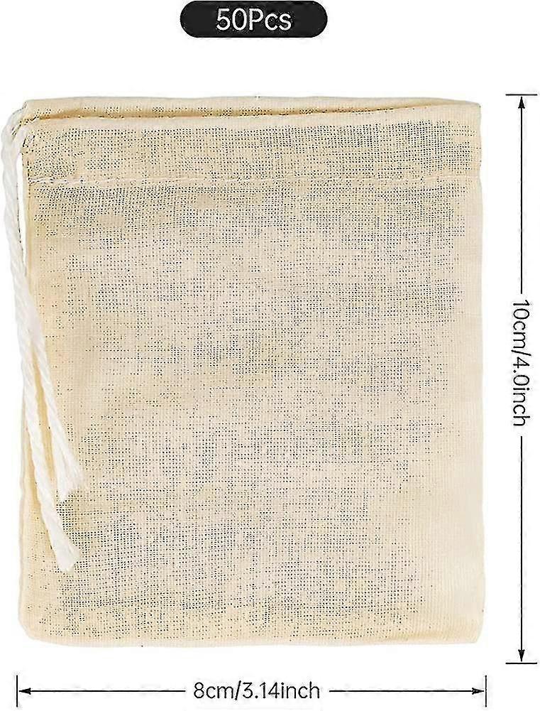 50個コットンマスリンバッグ、ドローストリング付き再利用可能なティーフィルターバッグ