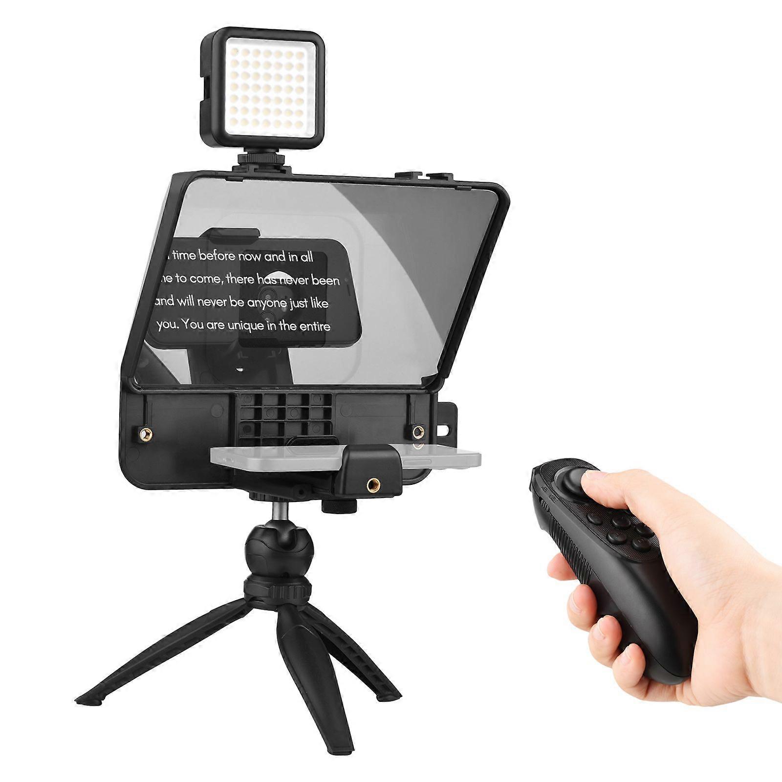 Andoer A10 Portable Smartphone DSLR Camera Teleprompter Prompter Kit with Phone Holder LED Fill Light Desktop Tripod Remote Control for Vlog Video Rec