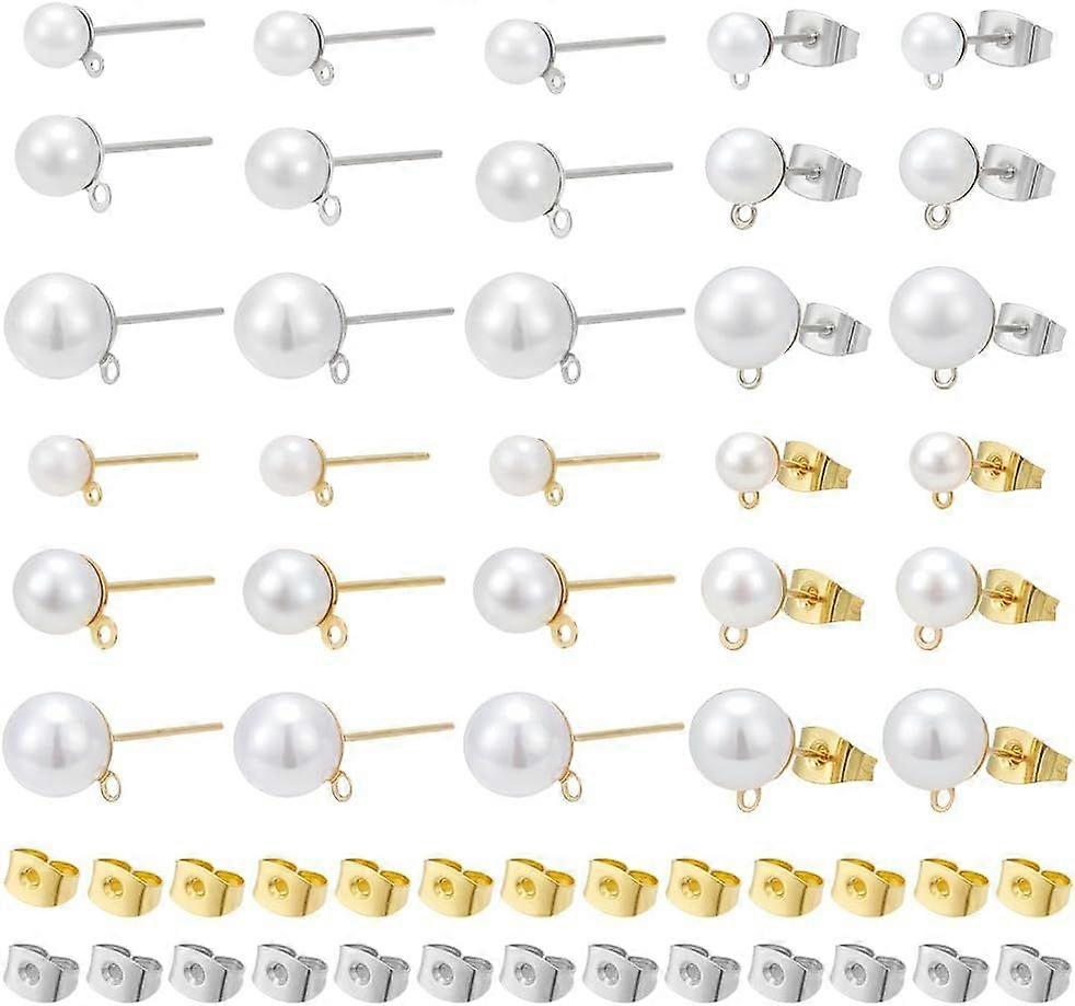 120 Sets 3 Sizes Earring Studs Pearl Earring Findings Half Round Posts with Loop Ear Studs with Butterfly Backs for Women Jewelry Making 6.5~9.5mm
