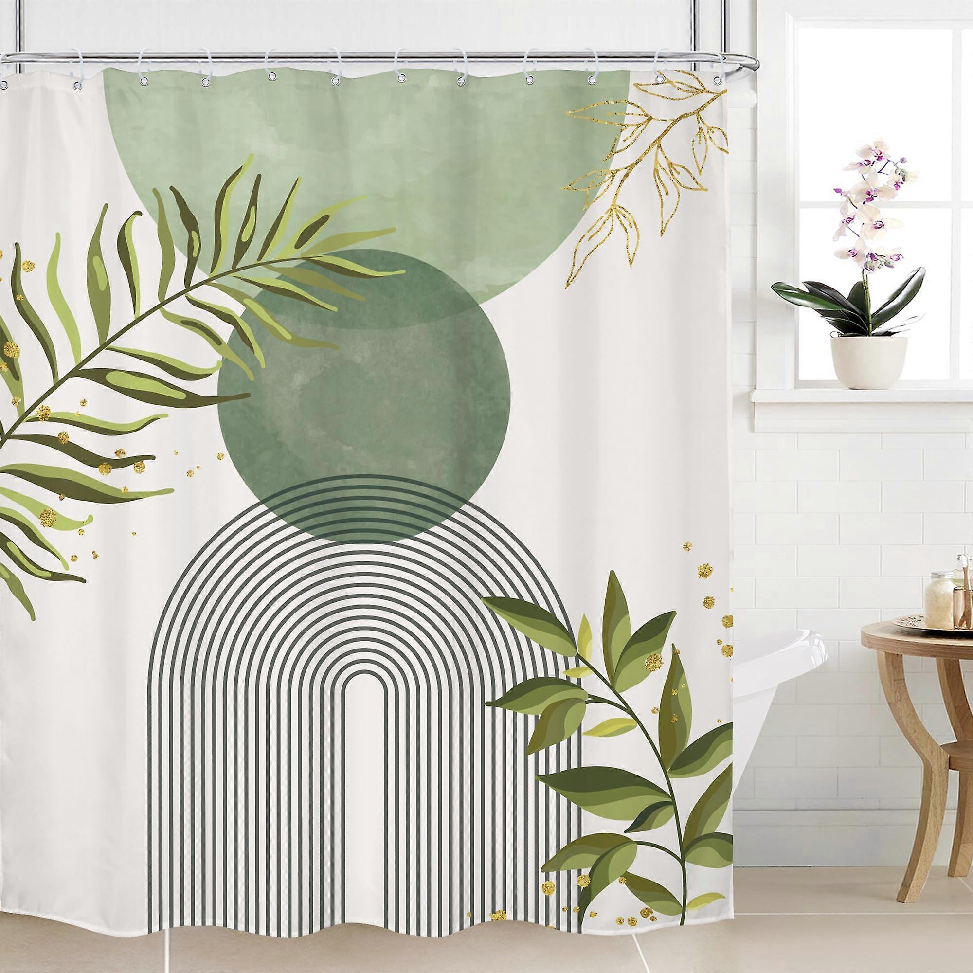 Boho Leaf Pattern Sage Green Shower Curtain 60x72 WaterResistant Fabric with Hooks for Bathroom