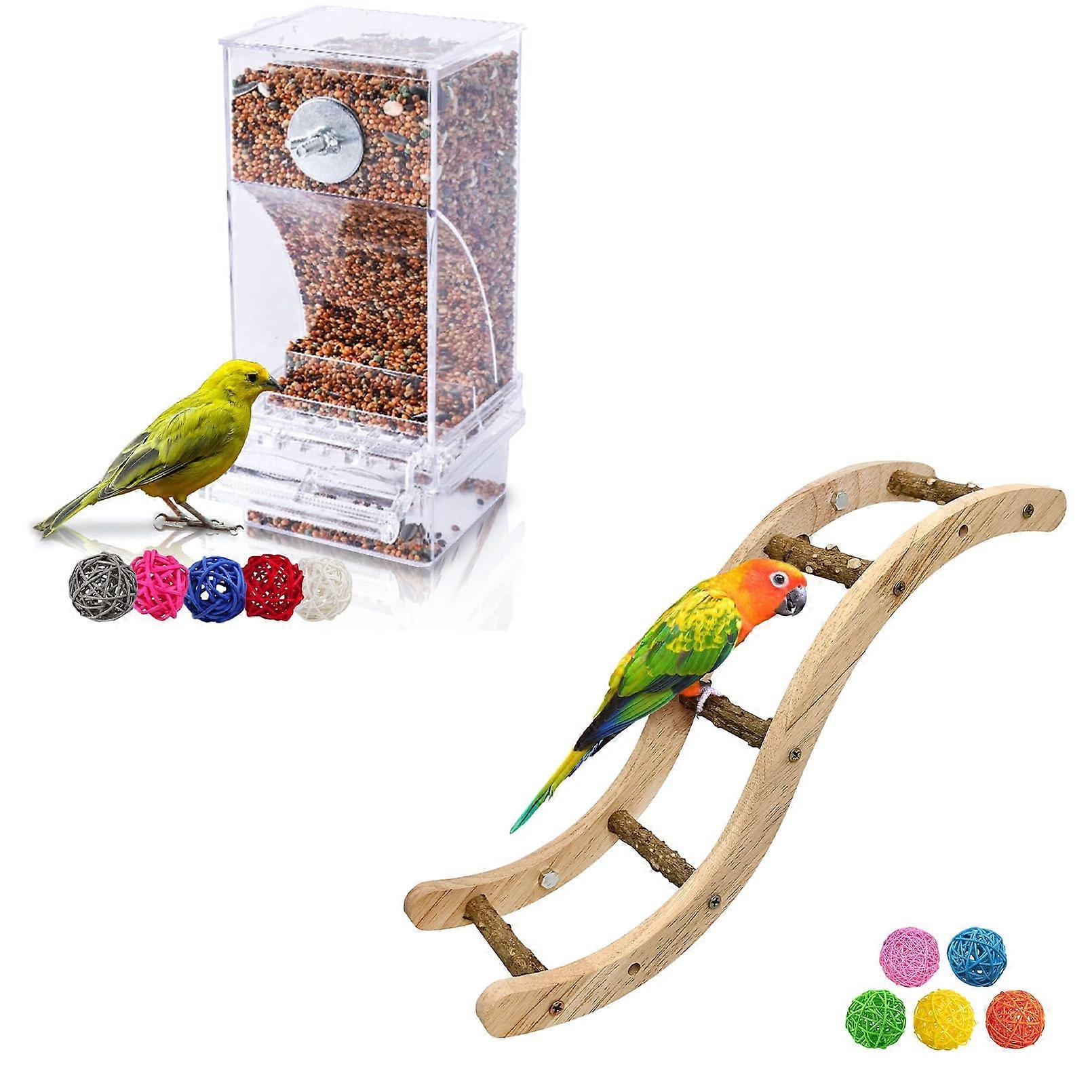 Automatic Bird Feeder with Perch and Toys, Transparent Mess Parrot Feeder for Budgies