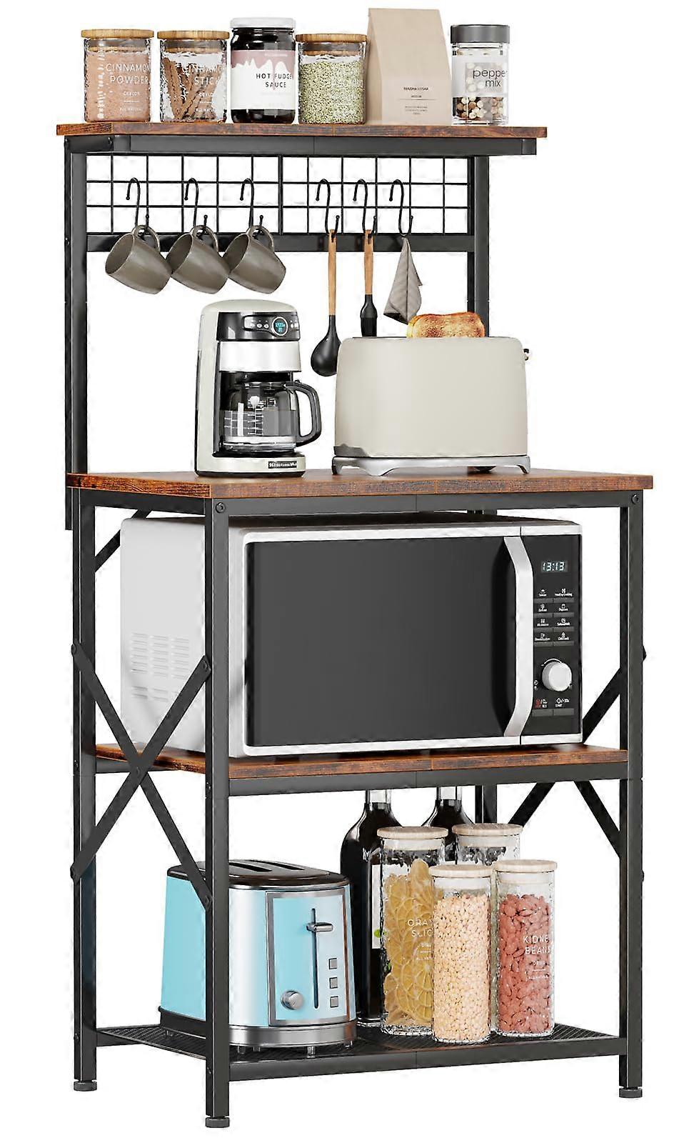 Kitchen Bakers Rack with Hutch, 4Tier Storage Shelf with Hooks and Pegboard, Rustic Brown Coffee Bar Station Organizer