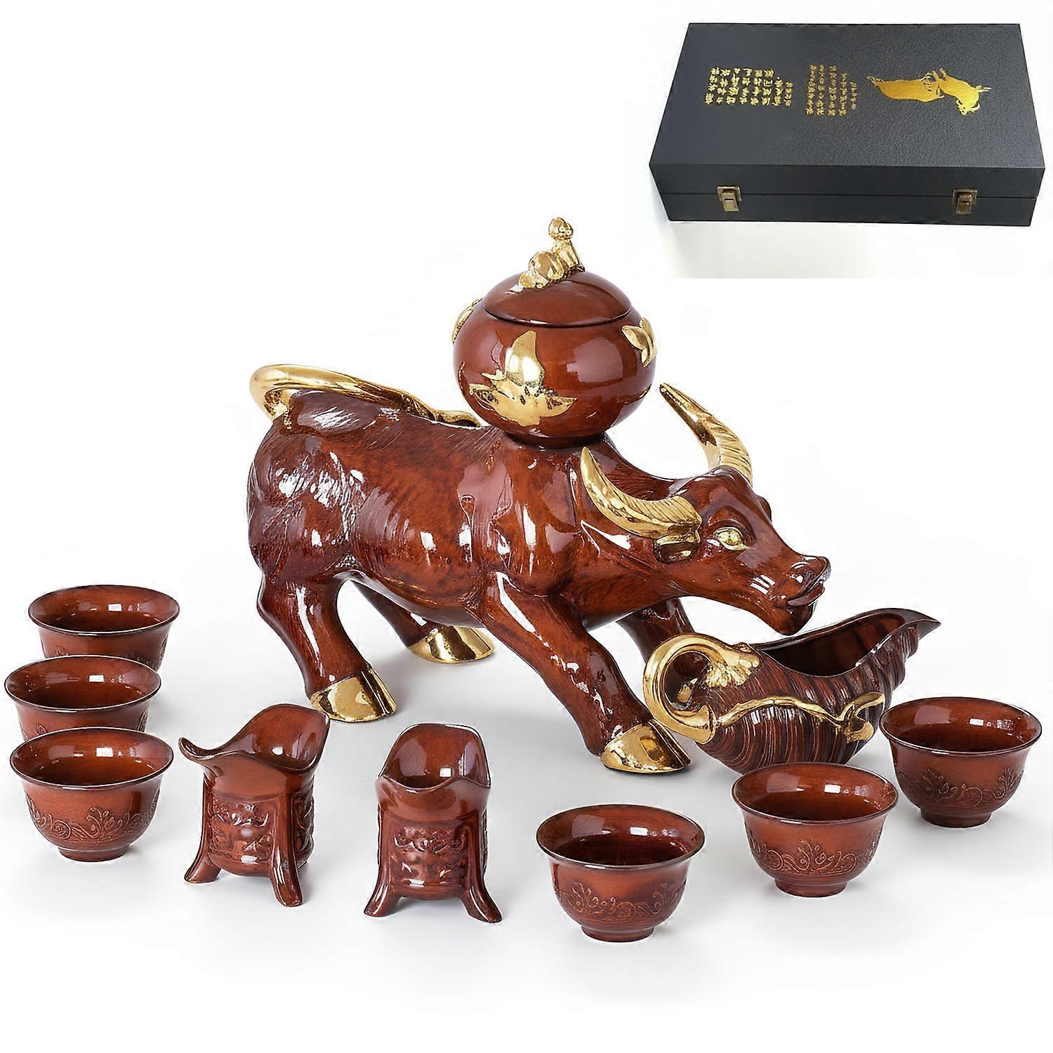 Automatic Ceramic Tea Set with Cups, 2 in 1 Gravity Brewing, Bull Statue Asian Style Gift