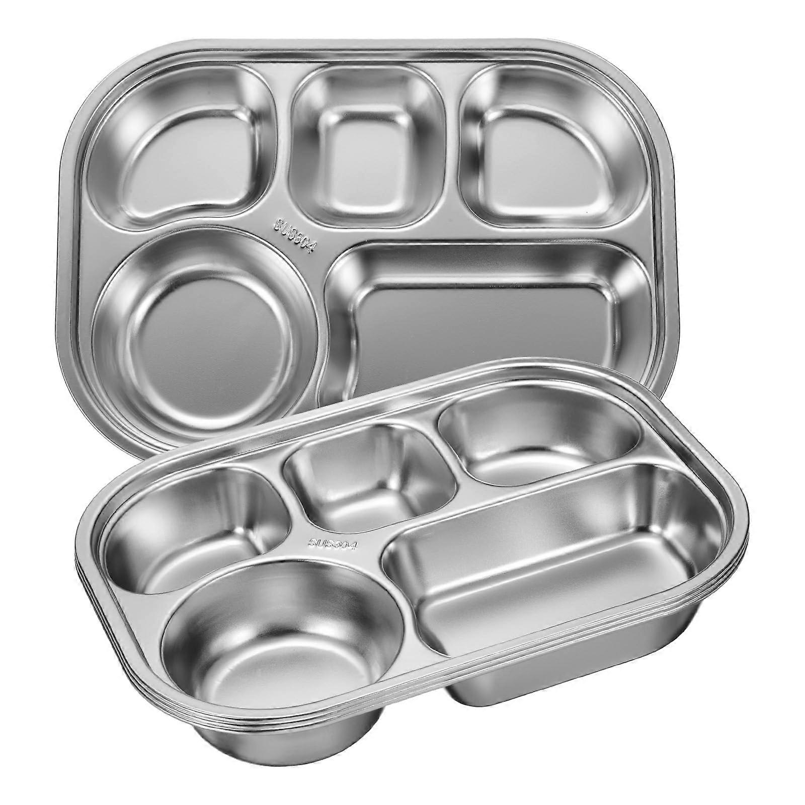 4Pcs Stainless Steel Divided Dinner Plate Set, Rectangular 5Compartment Cafeteria Tray for Portion Control Camping Restaurant Dishwasher Safe