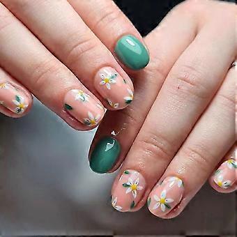 24Pcs Short Coffin Press On Nails with Glue, Floral Full Cover Coffin Fake Nails Set