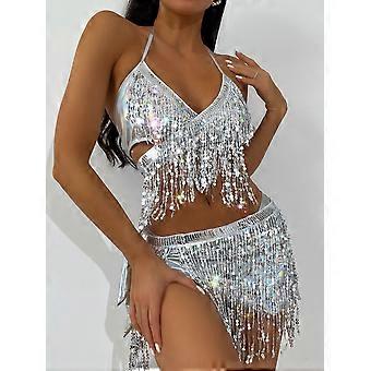 Women's Metallic Rave Outfit Sequin Silver Crop Top Bra Skirt Shiny Fringe Tassel Bikini Music Festival Dance Club Night Halloween Carnival Party Cost