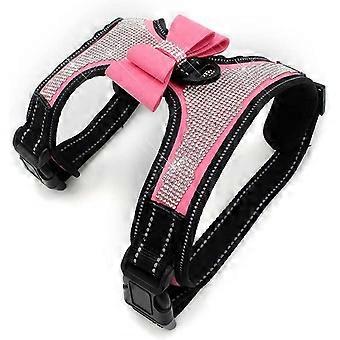Reflecterend hondenharnas met strass, schattige bling-stropdassen hondenharnas hondenriem, reflecterende borstband met glanzende strik (M, roze) Roze Medium