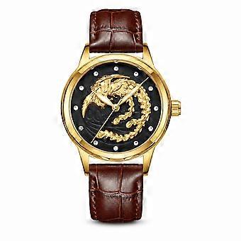 Fenzun Quartz Watch Women's Phoenix Waterproof Luminous Brown Leather Strap Gold Black Dial JY