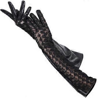 Sexy, lange Lederhandschuhe für Damen mit Spitze, aus Schafsleder, ideal für festliche Anlässe. Modische Accessoires, 2017.