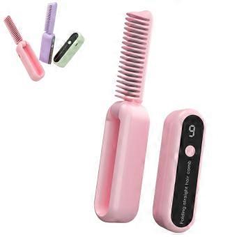 Cordless Hair Straightener Comb with 9 Heat Settings, KeratinInfused Folding Travel Design for Women (Pink)