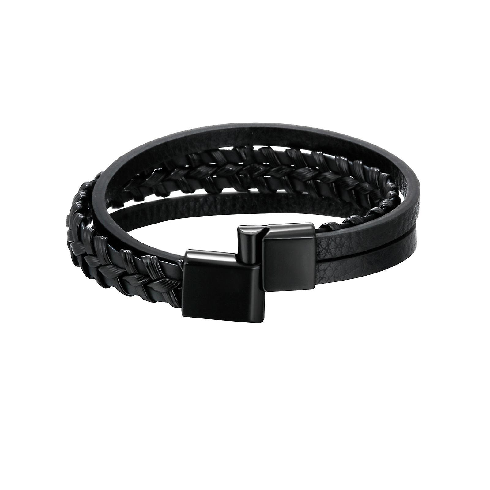 Punk Braided PU Leather Bracelet Casual Gothic Ethnic Stackable for Men Black