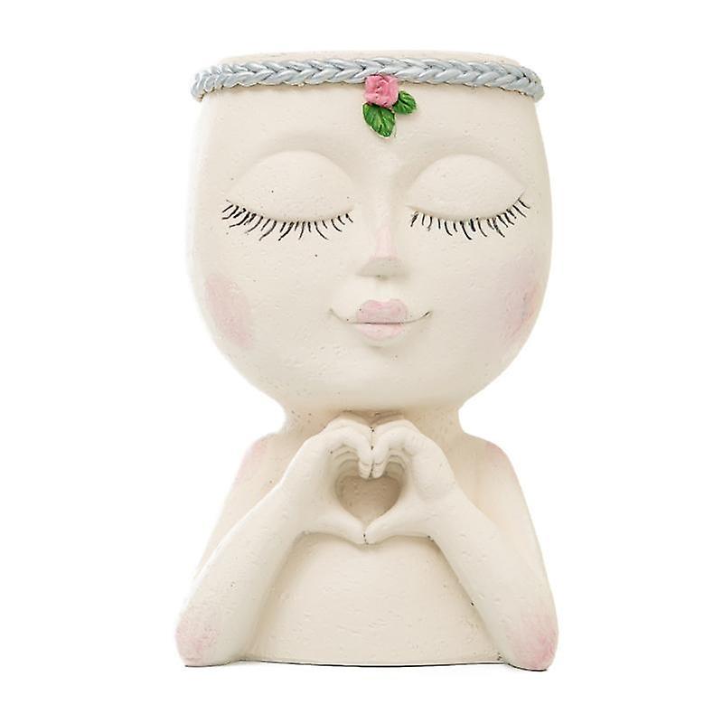 Succulent Planter Little Girl Closed Eyes with Heart Gesture Drainage Hole Face Nordic Sculpture Flo